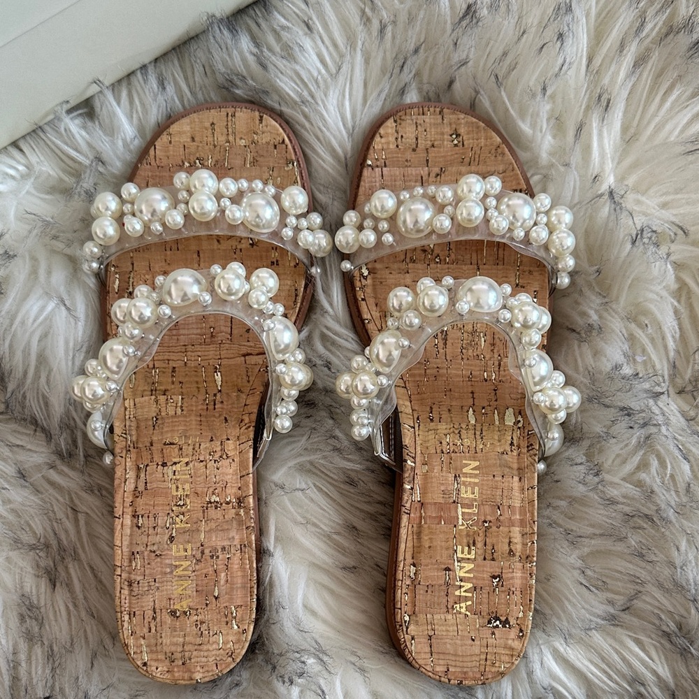 New! Anne Klein Pearl Embellished Cork Sandals - Cream